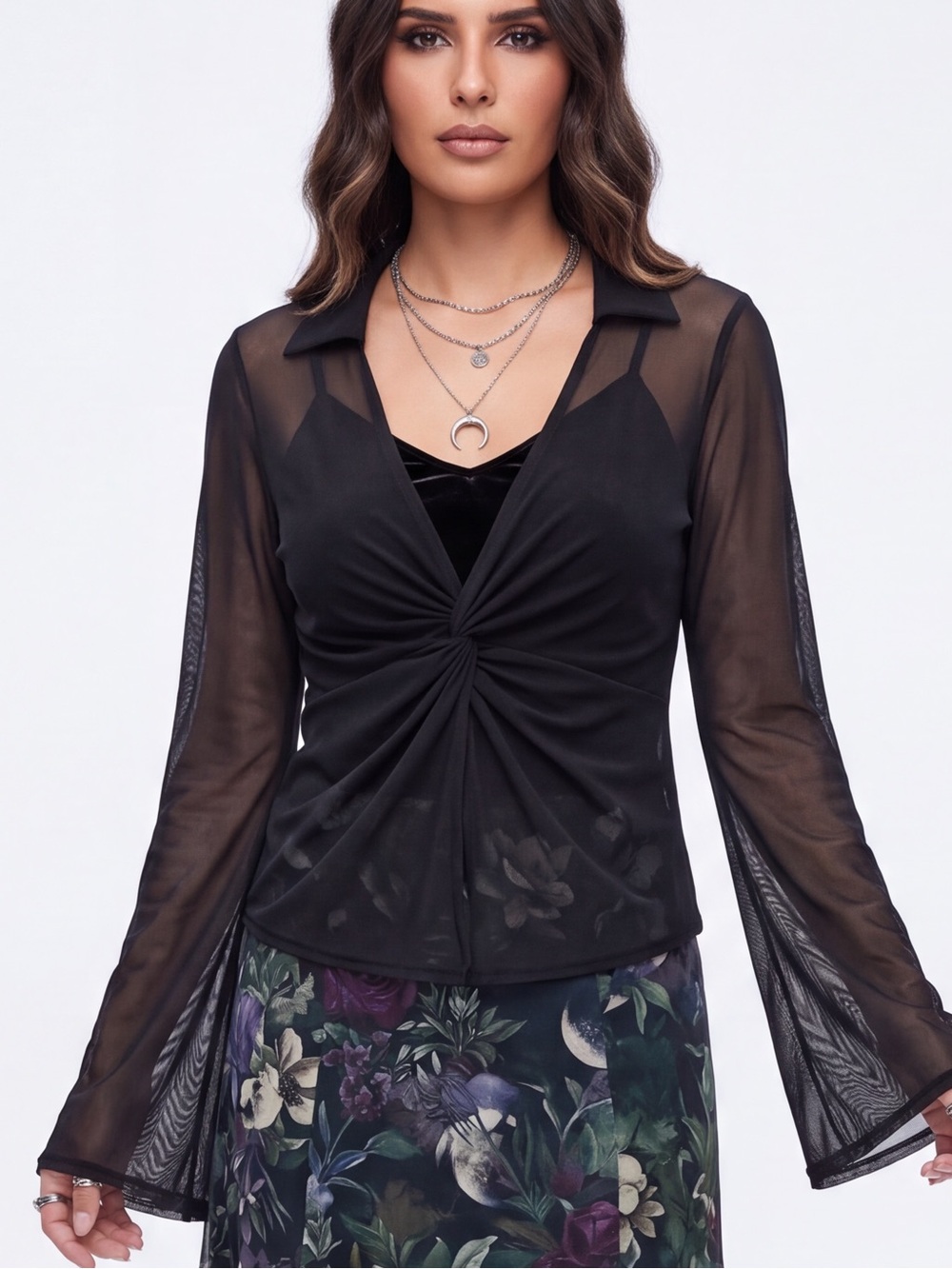 Skönhet Sheer Mesh Flare sleeve Cuff Low-Cut Cover Up Top whimsigoth y2k 90s